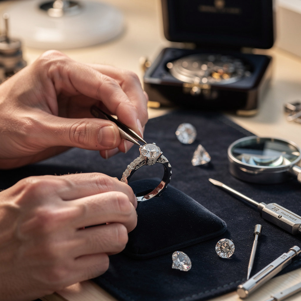 Cecilia's Fine Jewelry expert jeweler crafting a custom design in San Diego, showcasing quality craftsmanship